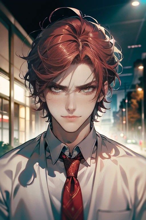 (tmasterpiece, high resolution, ultra - detailed:1.0), (1 male, madure, masculine face), Perfect male body, tall and strong, Adult male, Delicate eyes and delicate face, Extremely detailed CG, Unity 8k wallpaper, Complicated details, Detailed face, ( short  gray red hair, serious faces, white shirts,Bad students), (frown,smile:1.3), stad in school corridor, street style, color difference, Depth of field, dramatic shadow, Ray tracing, Best quality, Cinematic lighting, offcial art,Portrait