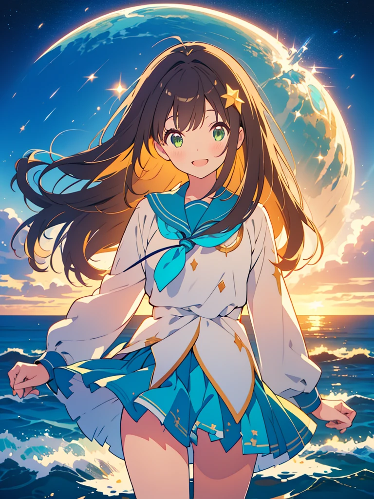 kawaii, anime, Cute, hyper quality, highly detailed, 16k, Front facing, Clarity, girl, brown long hair, green eyes, smile, junior high school girl, night sky, Uplifting, uniform, stand on the surface of the sea, the skirt flaps, the galaxy shines, Richly colored sky, starry skies, hold both hands in the air, starry sky, Meteor shower, highlight on eyes, Inciting point of view, Countless lights dance, sea ​​and sky, luminous effect, look up at the sky, Fantastic, night, iris effect, milky way, The starry sky is reflected on the water surface, calm, water surface, whole body, 	