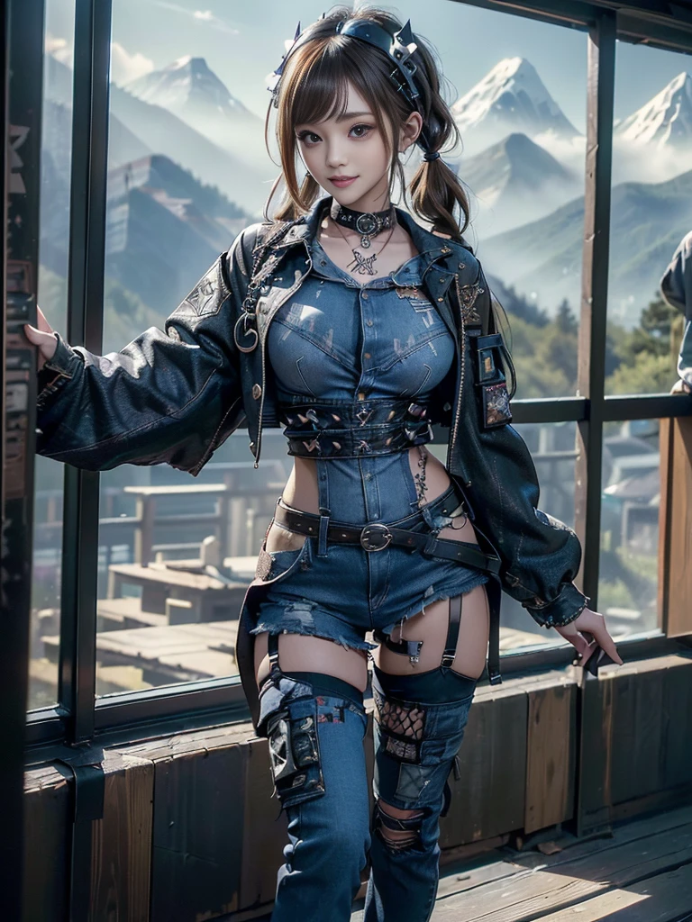 (Beautiful lips and nose:1.4)、(Long eyelashes:1.4)、(Smiling with teeth showing:1.3),(Shibuya Gal:1.5)、(Gothic Lolita delicately decorated dress:1.5)、(Tattered denim and black punk rock cargo pants:1.5)、(Denim and black navy skull mark small jacket:1.4)、(denim garter belt:1.5)、(Black and denim knee socks:1.3)、(Skull Silver Accessories:1.5)、(Denim collar:1.3)、(Brown Skin Belt:1.4)、(Brown boots:1.2)、(The underwear is striped:1.4)、31 years old、((Highest quality、In 8K、masterpiece:1.3))、Sharp focus:1.2、(Layered Cut、Huge boobs:1.1),Beautiful woman with perfect figure:1.4、(Dancing vigorously:1.3)、Slender Abs:1.2、Highly detailed face and skin texture、Detailed eyes、double eyelid,(Twin tails:1.3)、(Brown-golden hair:1.3)、Gravure idol、(The background is a vast mountain with a clear view々Beautiful luxury resort destination in Europe:1.3)、(Slim body:1.2),(Make your legs thinner:1.4),(clavicle:1.1)