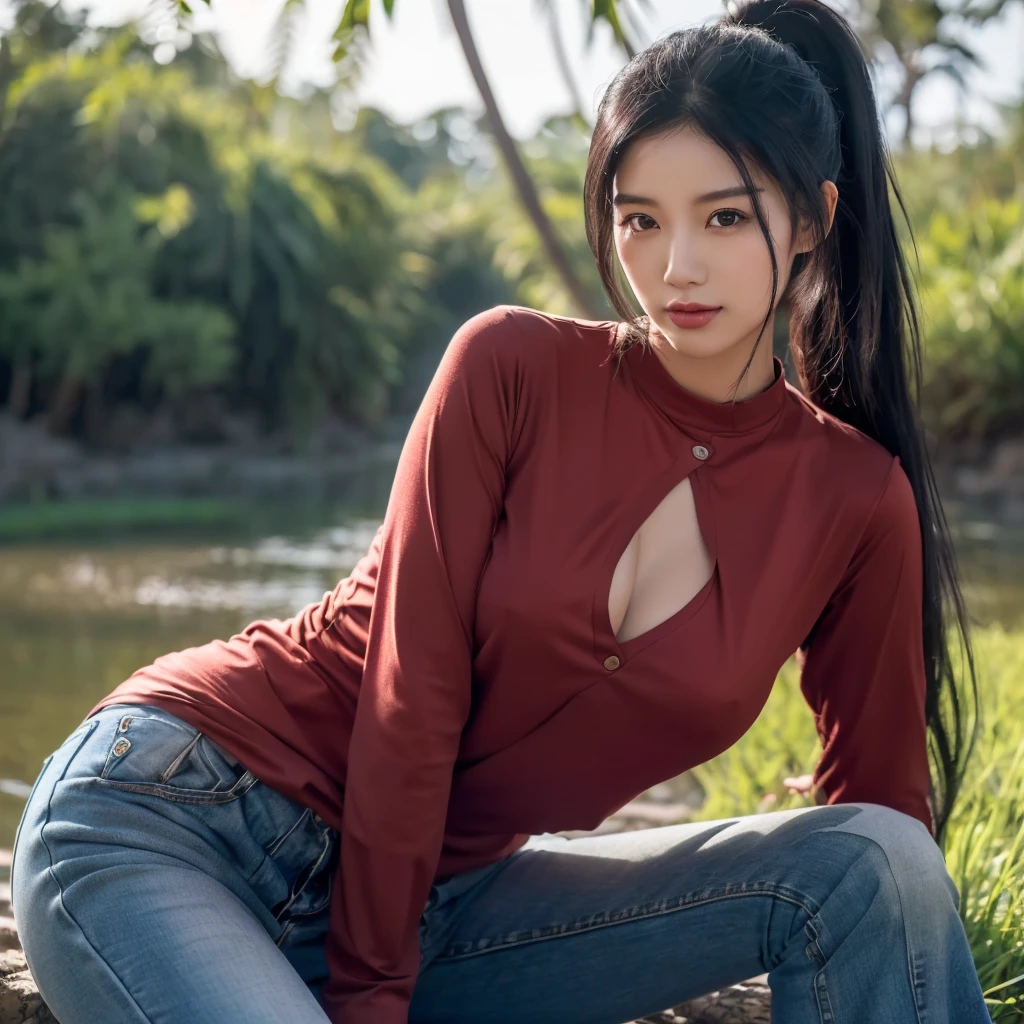realistic: Open the aperture wide., professional lighting, Sony A7R4, 50 mm sitting lens. 2 ; Warm light, (digital painting, HDR ภาพถ่ายหน้าตรงThai anime, Female anime Araffe 25 30 years old, realistic: Open the aperture wide., professional lighting, Sony A7R4, 50 mm sitting lens. 2 ; Warm light, (digital painting, HDR, high contrast (digital painting, HDR, high contrast),Old jeans torn, bright colored t-shirts, Looking straight at you intently, Long-haired woman with a round face, Red cheeks, Pink cheeks, black eyes ตาสองชั้น, black eyes, Thai anime, Has a large chest size of 38 inches.,  ponytail woman, flowing black hair, long flowing black hair, she has black hair, Her black hair was long and wavy., beautiful black hair, Extra dark natural black hair, The shirt is tight., Looks hot., ,black eyes,abdominal muscles, rounded chest, outdoor, The background is a rice field., There is an old thatched Thai-style hut in the background., The evening sun shines, beautiful female model, jaw-dropping beauty, realistically, 