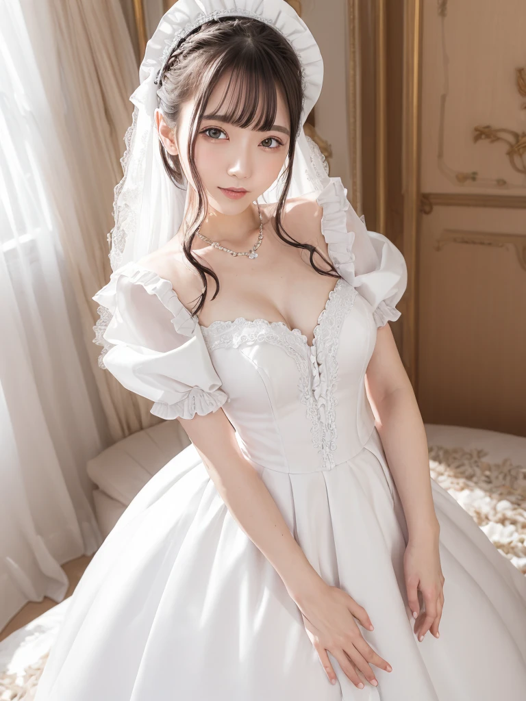 (Highest quality:1.9)、(High resolution)、Live-action image quality、((20-year-old woman、1 person))、Soft lighting by a professional photographer、Natural light、((Very spacious white luxurious room:1.6))、((Bright white room:1.6))、(Standing in front of a very luxurious white bed:1.2)、(White bookshelf background:1.1)、Natural soft light、((Black Hair Color:1.1))、Fair skin、Detailed Eyes、double eyelid、Slightly puffy cheeks、((Small Face:1.0))、(maid_cosplay, breasts, puffy short sleeves, puffy sleeves, short sleeves, maid headdress, chain, frills, white gloves, cowboy shot, large breasts, pointy hair, gloves,gothic, gothic maid)、(Cute Smile)、((Girly pose 1.8))、((Long curly hair:1.1))、((Full Body Shot:1.2))、((Height: 165cm))、Hands in front、Hold hands between legs、