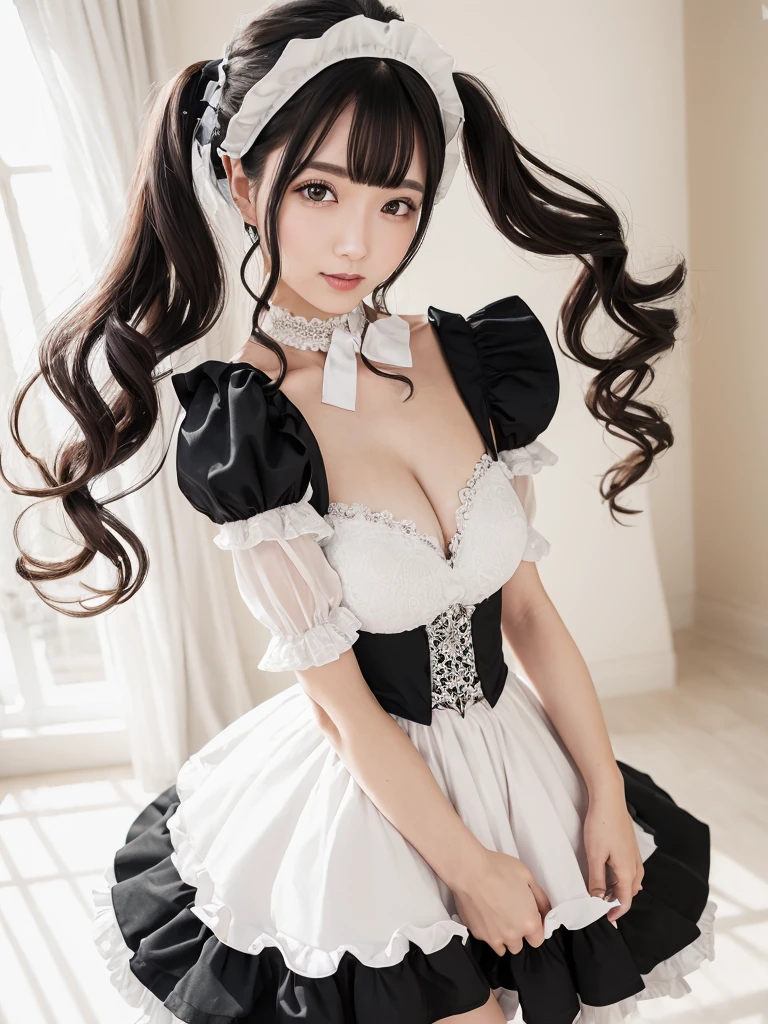 (Highest quality:1.9)、(High resolution)、Live-action image quality、((20-year-old woman、1 person))、Soft lighting by a professional photographer、Natural light、((Very spacious white luxurious room:1.6))、((Bright white room:1.6))、(Standing in front of a very luxurious white bed:1.2)、(White bookshelf background:1.1)、Natural soft light、((Black Hair Color:1.1))、Fair skin、Detailed Eyes、double eyelid、Slightly puffy cheeks、((Small Face:1.0))、(maid_cosplay, breasts, puffy short sleeves, puffy sleeves, short sleeves, maid headdress, chain, frills, white gloves, cowboy shot, large breasts, pointy hair, gloves,gothic, gothic maid)、(Cute Smile)、((Girly pose 1.8))、((Long curly hair:1.1))、((Full Body Shot:1.2))、((Height: 165cm))、Hands in front、Hold hands between legs、