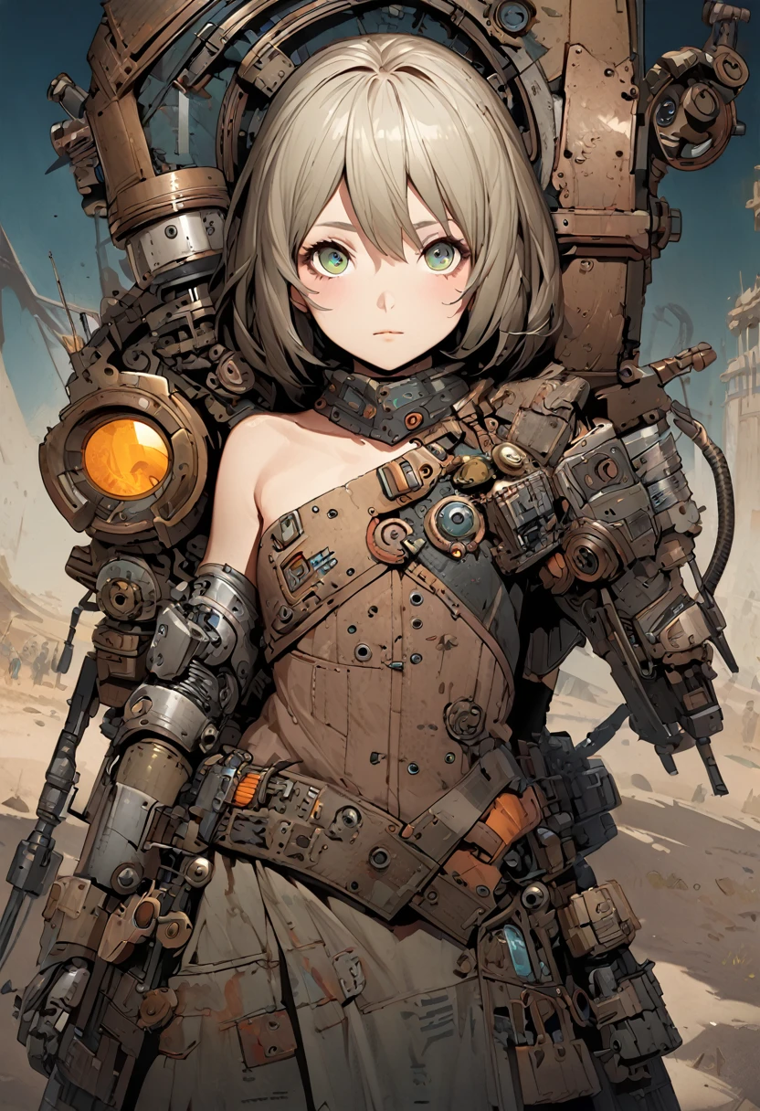 A weathered, eccentric droid girl mechanic with rivets and wires protruding from mismatched metal plates, an ancient mechanical arm adorned with makeshift tools, and a faded logo of a long-forgotten company etched on its chest. This compelling character concept art is a digitally painted illustration showcasing intricate details and vibrant colors. The image captures the essence of a quirky, experienced tinkerer amidst a post-apocalyptic world, inviting viewers to delve into a sci-fi narrative filled with nostalgia and innovation. 