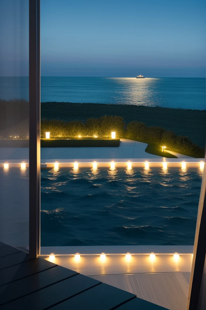 Sea of night,field,Realistic,Seaside terrace,8K Ultra HD, Digital SLR, Party Venue,Midnight Sea,View from the terrace