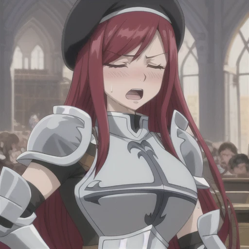 masterpiece, absurdres , (intricate details), (colorful), erza scarlet, open mouth, closed eyes, blush, sweat, looking at the viewer, armor, breastplate, gauntlets, shoulder armor, (black beret), (black hat), large breasts,