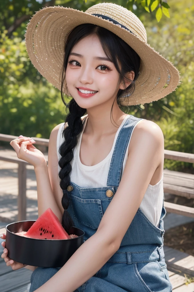1girl,(face focus:1.3),(happy,smile,teeth:1.2),
1girl, (watermelon:1.2), solo, hat, fruit, straw hat, food, striped, braid, holding, twin braids, looking at viewer, overalls, holding food, blurry background, black hair, striped shirt, blurry, holding fruit, upper body, shirt, black eyes, tank top, bangs, twintails, long hair, teeth, realistic, sun hat
black hair,pink_background,sweet atmosphere,love,
(PureErosFace_V1:0.8),(ulzzang-6500:0.3),(red lipstick:0.8),(detailed pupils:1.3),(aegyo sal:1),((puffy eyes)),
(film_grain:1.4),RAW,highres,(1 girl,solo:1.6),(detailed face:1.2),(gorgeous beautiful cute Korean woman:1.3),(kpop idol, korean beauty, korean mixed),(small head),((perfect eyes)),((perfect face)),(details:1.4),(high detailed skin:1.2),
(extremely detailed CG unity 8k wallpaper),photo of the most beautiful artwork in the world,trending on ArtStation,trending on CGSociety,Intricate,High Detail,Sharp focus,dramatic,
volumetric lighting,rim lighting,two tone lighting,cinematiclighting,rim lighting,light particles,sunlight,