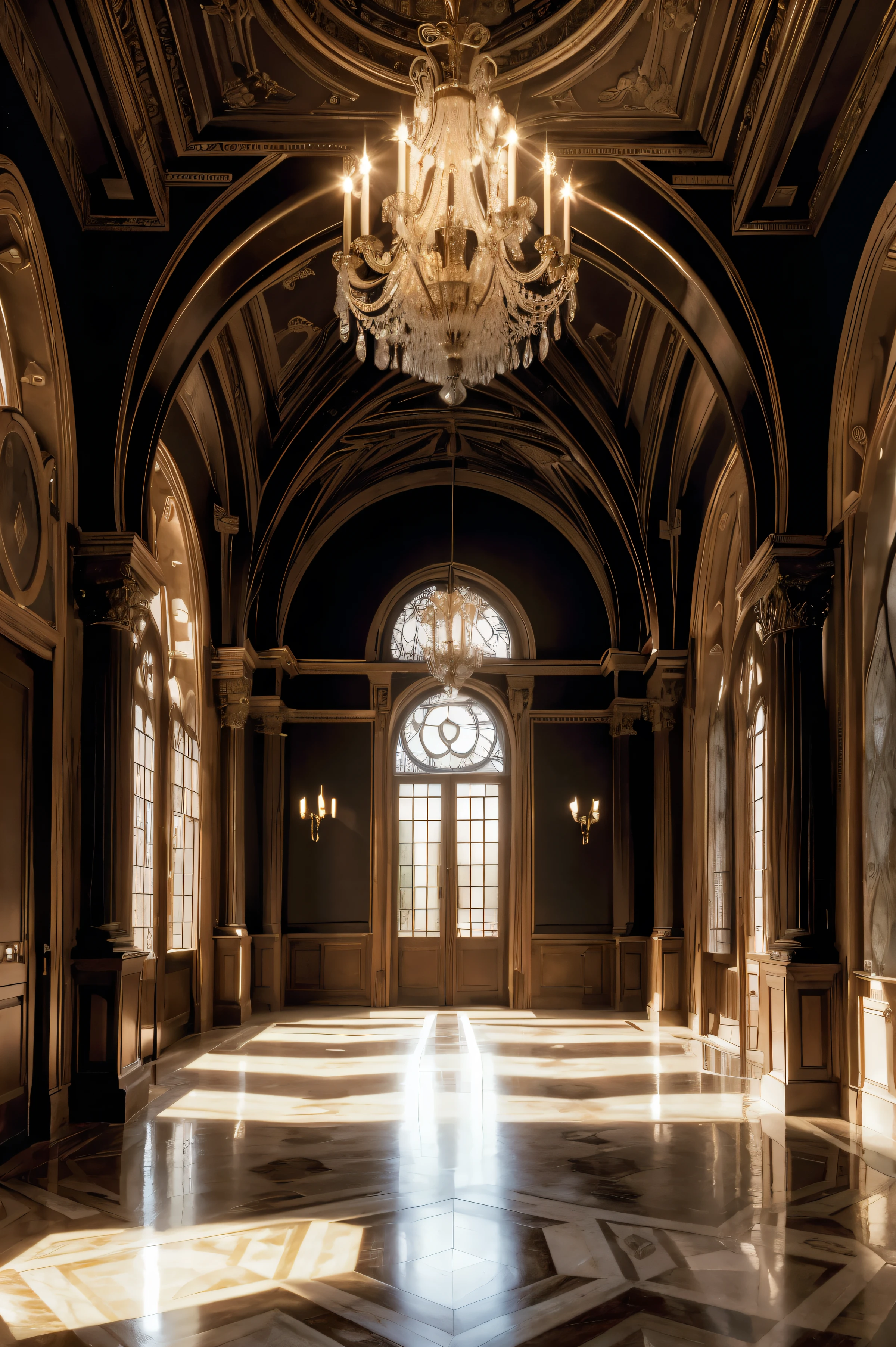 ((better quality)), (detailed), (Interior of a Renaissance palace, with 3 arch-shaped windows, showing gardens in the background, on a sunset afternoon),
(2 chandeliers on the ceiling), (The floor completely black flooring), (Lighting on the walls with sconces), (3840 x 2160) (landscape)