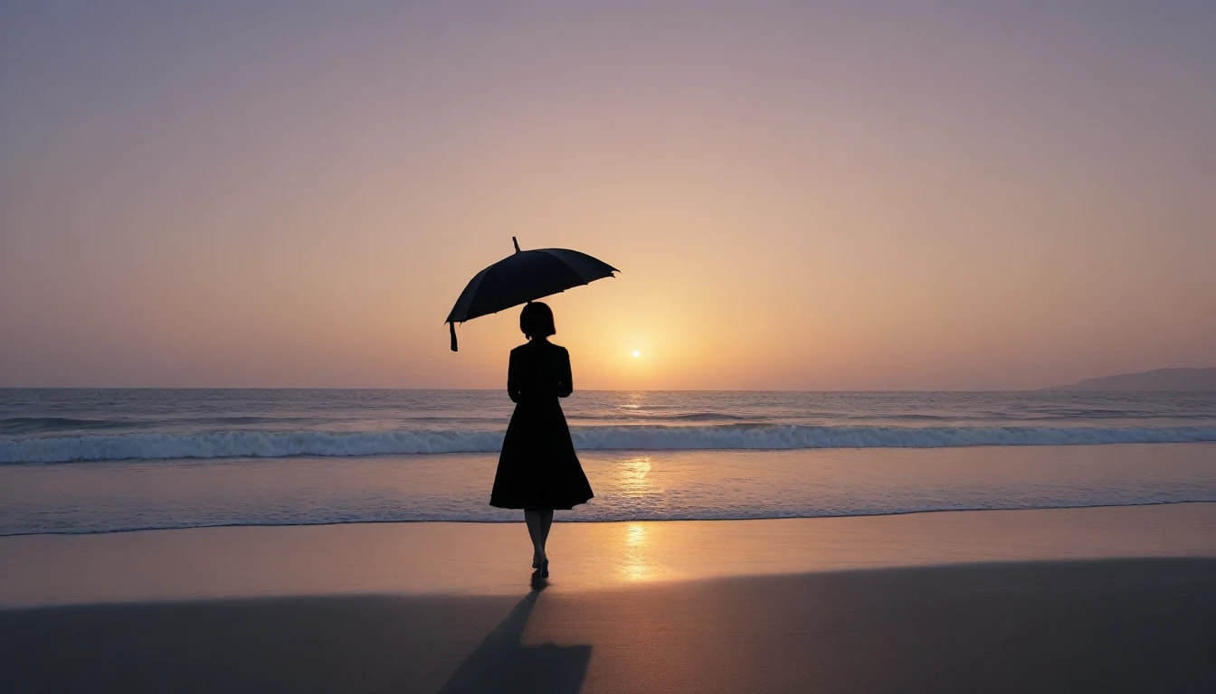 8K, Vivid picture quality, desolate long beach, Daters walking on the beach from afar, short hair woman, red light of sunset, alone, afternoon, depressed, tide가 밀려온다, ocean, tide, black umbrella , wind, short korean woman, 잔잔한 tide, black umbrella,