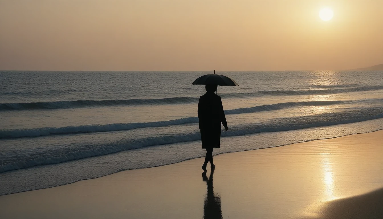 8K, Vivid picture quality, desolate long beach, Daters walking on the beach from afar, short hair woman, red light of sunset, alone, afternoon, depressed, tide가 밀려온다, ocean, tide, black umbrella , wind, short korean woman, 잔잔한 tide, black umbrella,