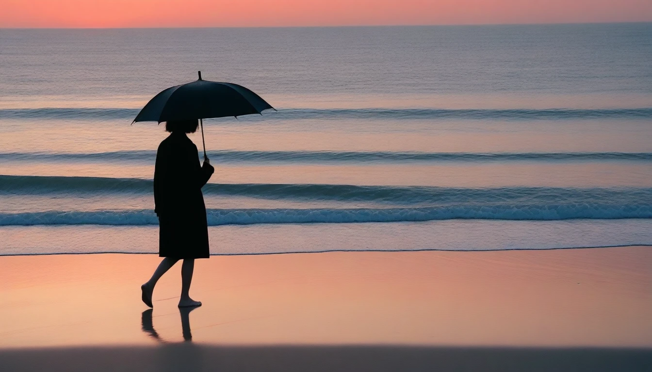 8K, Vivid picture quality, desolate long beach, Daters walking on the beach from afar, short hair woman, red light of sunset, alone, afternoon, depressed, tide가 밀려온다, ocean, tide, black umbrella , wind, short korean woman, 잔잔한 tide, black umbrella,