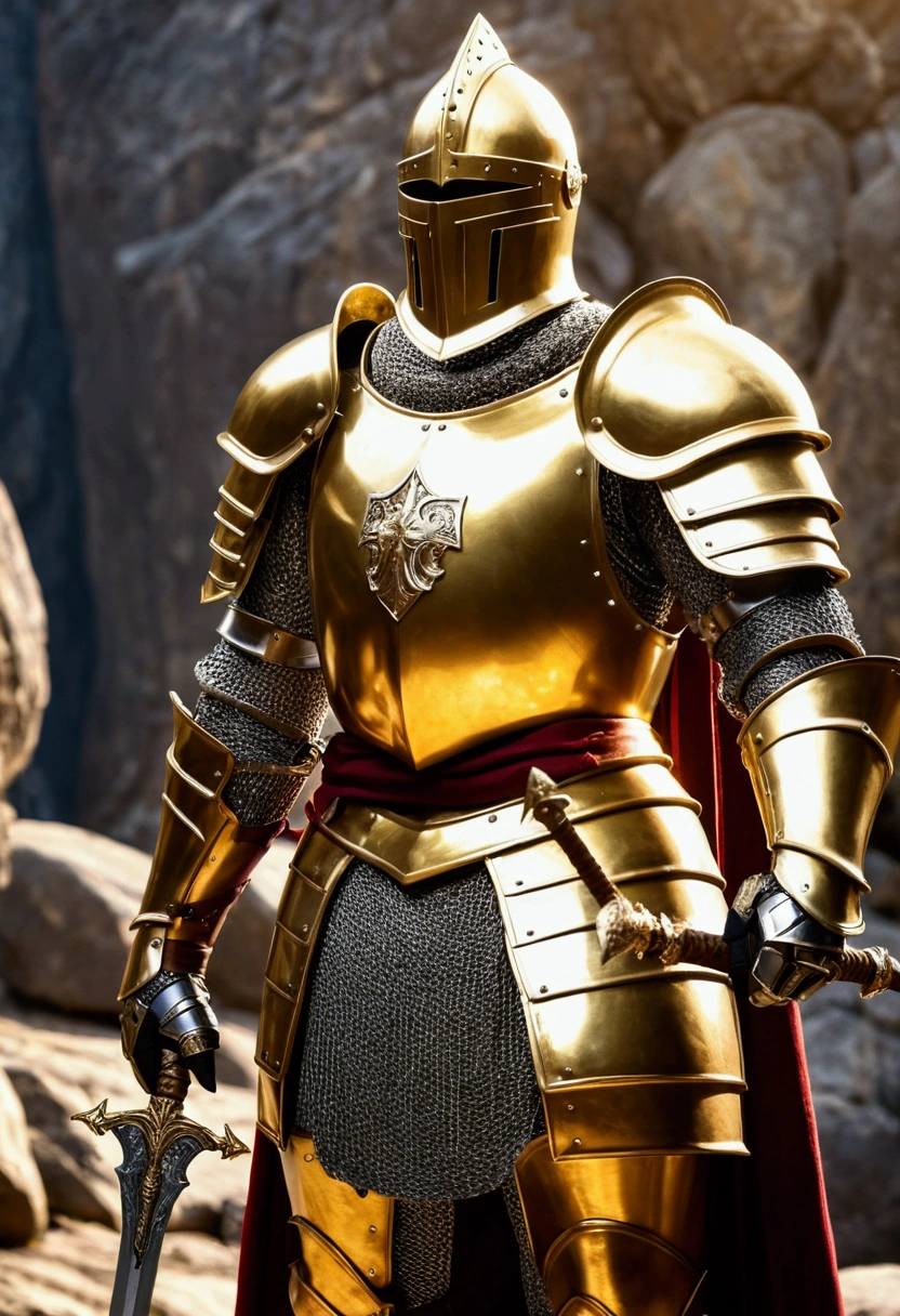 The knight in shining golden armor、A bright sword that emits a lot of light、The hardest rocks wielded the mighty shields posing for the highest quality presentation