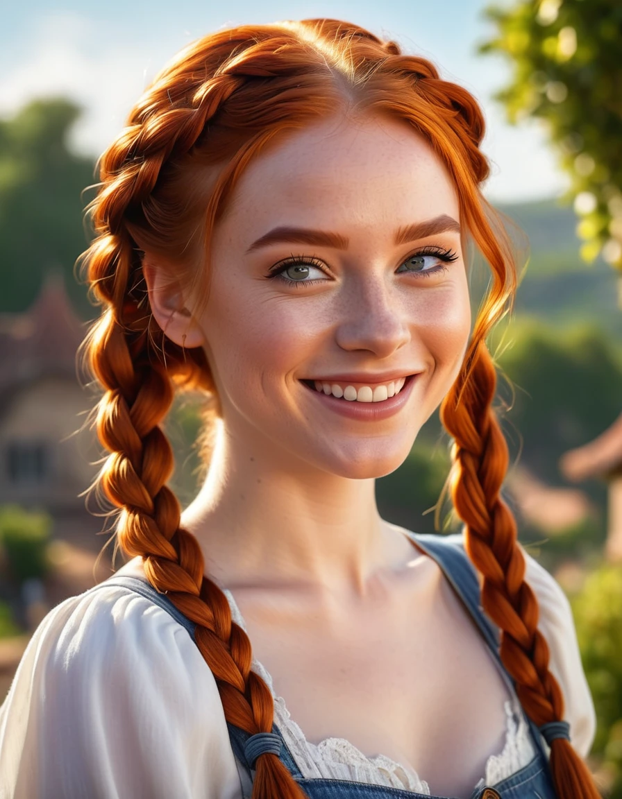 portrait of a stunning young redhead woman looking at camera,braids,very happy gaze,dimples,flirt,cute large smile with nose wrinkles,attractive features,expressive eyes,perfect face,makeup enhancements,fancy dress, shoulder,sunny landscape in background,striking photorealism,trending on artstation,featured on pixiv,cinematic composition,dynamic pose,beautiful lighting,sharp,details,hyper-detailed,Disney Pixar Style,Sony/Zeiss 90mm,f/2.8,shutter speed of 1/500s,WLOP,HDR,32k,masterpiece,best quality