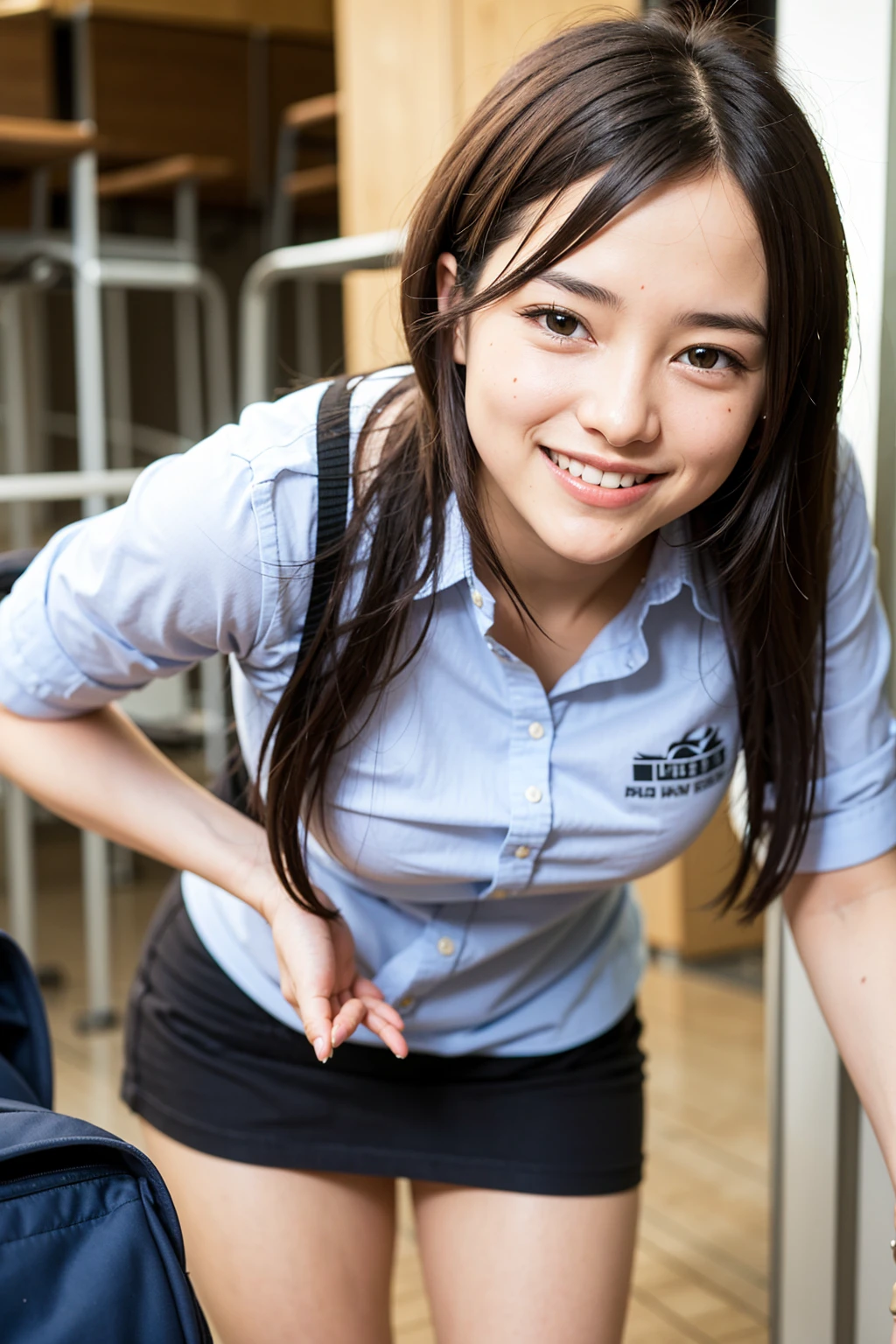 Top quality, 1 beautiful woman, super short Hair, mini skirt , Giddy Smile, Leaning Forward, at school 