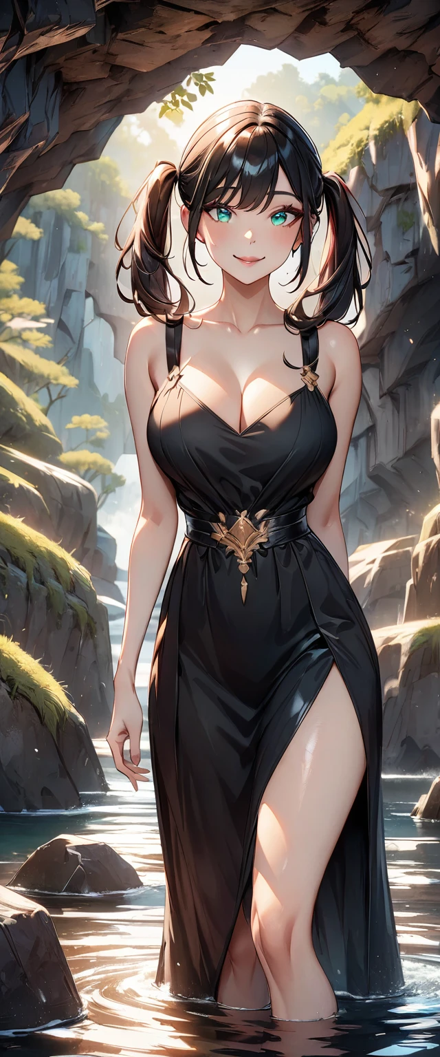 Photo of a woman with natural skin, Seaside cave, The light is shining in, Upper Body, Smiling, High Twintails, Black hair with red mesh, Sharp Eye, Blue-green eyes, Shining eyes, A thin, upturned nose, Well-shaped lips, Big Breasts, ((Black off-the-shoulder dress, Thin shoulder straps)), barefoot, Makeup, Exquisitely crafted with the utmost attention to detail, Vibrant, amazing, Smooth, Cinematic, 4K, Backlight, (()), Shallow depth of field, ((Detailed eyes:1.3, Detailed lips:1.3, high quality, )), masterpiece, Super detailed images, High quality