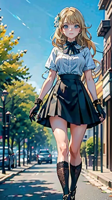 Low angle,from low,((work of art, higher resolution,best qualityer)), (beautiful illustration), ((1 girl,cute,Youngh,beautiful semi long blonde hair,rhombus stripe,gorgeous eyes)),(standing alone),(beautiful elegant office blouse and black skirt),(gazing at viewer), (walking around the Flower Park),
innocent smirk, white above the knees,Lace chalk, bracelet, gloves fingerless, above the knees,
Lace chalk, colar de giornomantes,bracelet, gloves fingerless, aretes, cinematic lighting, Flower Park,big city,busy street,giorno,blue sky,flowers and trees,overcrowded,