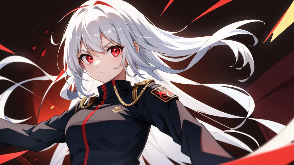 1 girl 19 year old, long white hair, red eyes, holding an handgun, cord top, short jeans, anime style, assaust uniform, battle girl, black thigh highs, upper body, best quality, 8k resolution, Point right hand at the viewer, looking at viewer, brown background