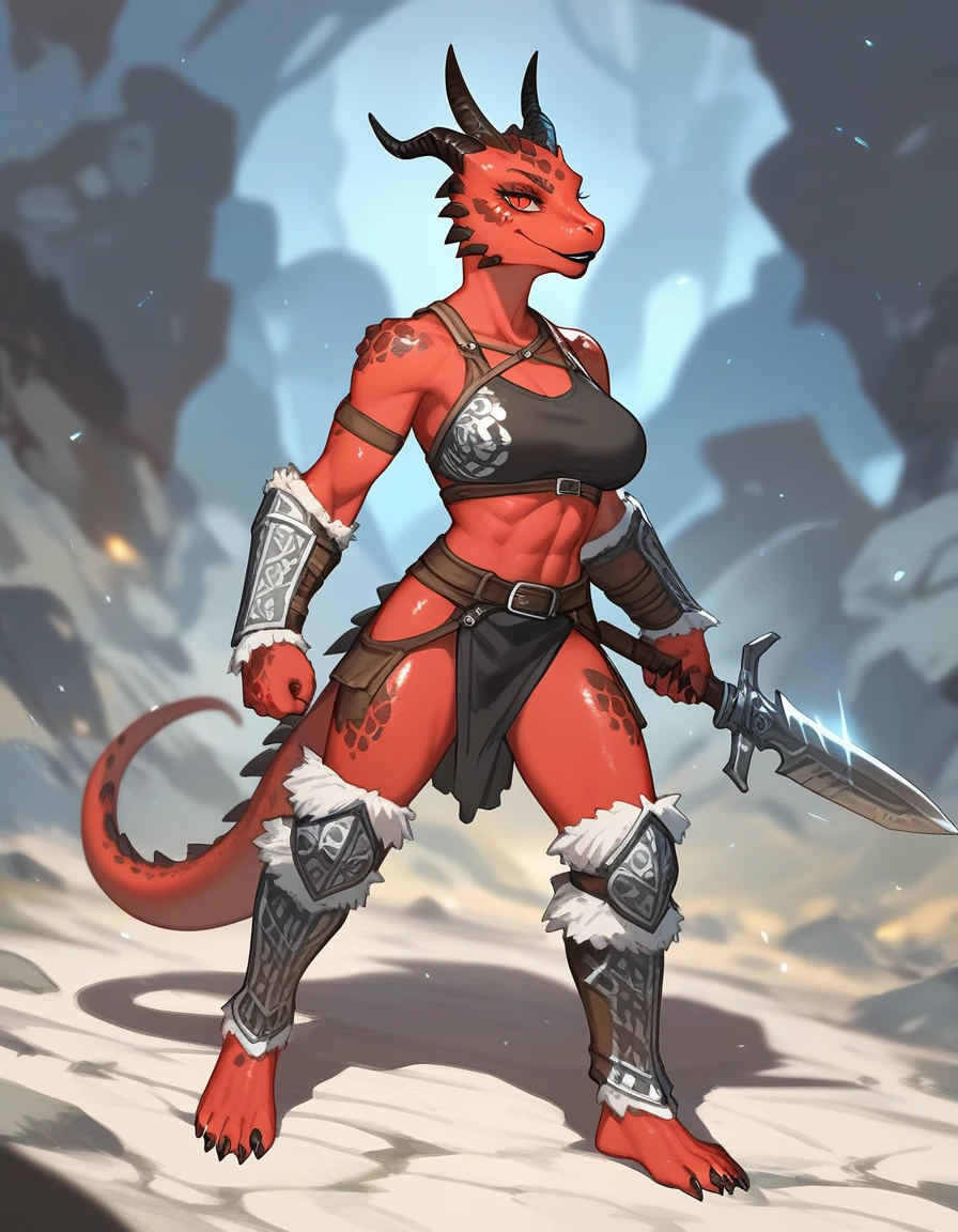 Solo, score_9,score_8_up,score_7_up, kemono style, Anthro Argonian female from skyrim, Anthro reptile girl, snout, red scaled skin, glowing red eyes, black lips, black horns, black ram horns, athletic body, barefoot, 5 toes, black toe claws, wearing metal barbarians armor, barbarian boots, standing, neutral pose, smiling