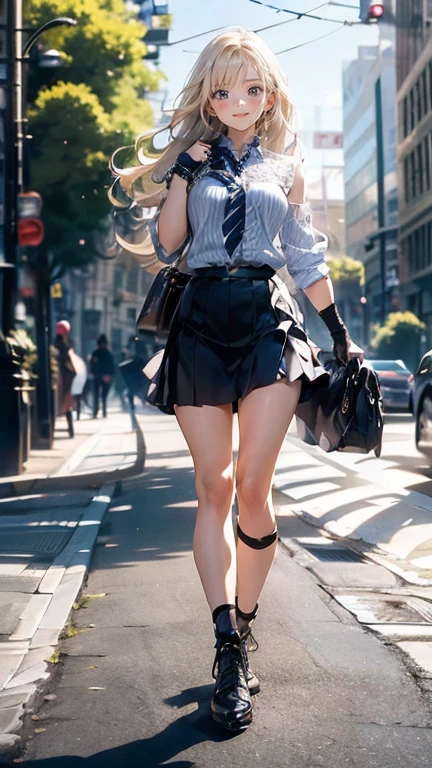 Low angle,from low,((work of art, higher resolution,best qualityer)), (beautiful illustration), ((1 girl,cute,Youngh,beautiful semi long blonde hair,rhombus stripe,gorgeous eyes)),(standing alone),(beautiful elegant office blouse and black skirt),(gazing at viewer), (walking around the Flower Park),
innocent smirk, white above the knees,Lace chalk, bracelet, gloves fingerless, above the knees,
Lace chalk, colar de giornomantes,bracelet, gloves fingerless, aretes, cinematic lighting, Flower Park,big city,busy street,giorno,blue sky,flowers and trees,overcrowded,