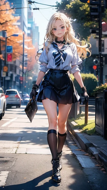 Low angle,from low,((work of art, higher resolution,best qualityer)), (beautiful illustration), ((1 girl,cute,Youngh,beautiful semi long blonde hair,rhombus stripe,gorgeous eyes)),(standing alone),(beautiful elegant office blouse and black skirt),(gazing at viewer), (walking around the Flower Park),
innocent smirk, white above the knees,Lace chalk, bracelet, gloves fingerless, above the knees,
Lace chalk, colar de giornomantes,bracelet, gloves fingerless, aretes, cinematic lighting, Flower Park,big city,busy street,giorno,blue sky,flowers and trees,overcrowded,