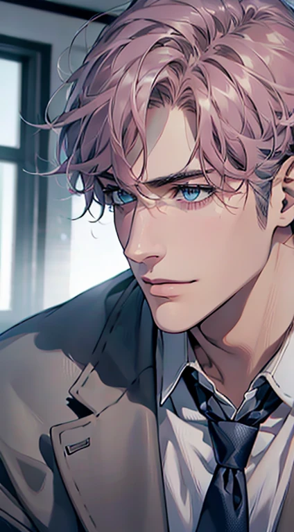 (Highest quality,4K,8K,High resolution,masterpiece:1.2),Super detailed,(Realistic,photoRealistic,photo-Realistic:1.37),1 person,31 years old,Mature Men,Beautiful skin、Profile、very handsome,Expressionless,smile,Short gray pink hair,blue eyes,Sharp Eyes,A perfect face without a doubt,Businessman,Office Background,Cinema Lighting,HDR image,tie、