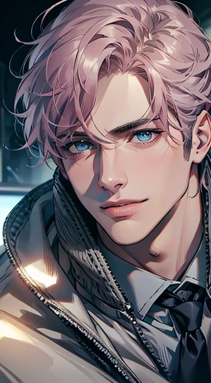 (Highest quality,4K,8K,High resolution,masterpiece:1.2),Super detailed,(Realistic,photoRealistic,photo-Realistic:1.37),1 person,31 years old,Mature Men,Beautiful skin、Profile、very handsome,Expressionless,smile,Short gray pink hair,blue eyes,Sharp Eyes,A perfect face without a doubt,Businessman,Office Background,Cinema Lighting,HDR image,tie、