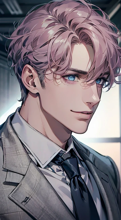 (Highest quality,4K,8K,High resolution,masterpiece:1.2),Super detailed,(Realistic,photoRealistic,photo-Realistic:1.37),1 person,31 years old,Mature Men,Beautiful skin、Profile、very handsome,Expressionless,smile,Short gray pink hair,blue eyes,Sharp Eyes,A perfect face without a doubt,Businessman,Office Background,Cinema Lighting,HDR image,tie、