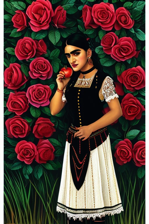 Tan skin indian afghan prominent nose thick eyebrows frida kahlo a woman with long flowing black hair, piercing eyes, a prominent unibrow, rosy cheeks, eating a juicy red apple, wearing a Victorian-style vest and lace collar, standing in a lush meadow with a unicorn, (best quality,4k,8k,highres,masterpiece:1.2),ultra-detailed,intricate details, striking colors, dramatic lighting, stallintheunicow, brushy, painterly girl eating apple in field of roses, red, black, white, long black hair, bangs, unibrow, thick eyebrows, freckles, big nose, aquiline nose, hairband, dress, stripes, big ears, girl, rosy cheeks, red lips,stallintheunicow aoife striped shirt skirt lace combat boots