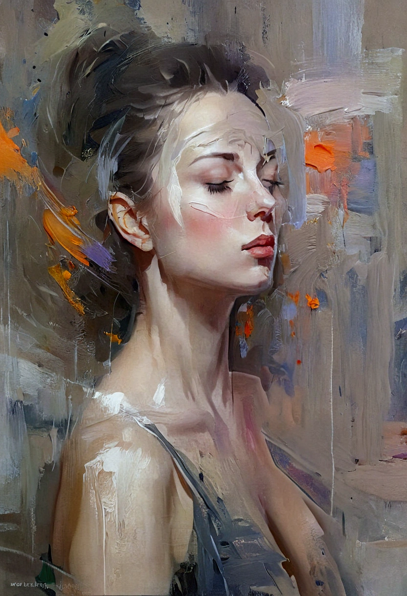 A painting of a woman with her eyes closed, sensual painting, Beautiful expressive painting, Wadim Kashin. Ultra photo realsisim, Louise Ross, digital painting art, Perceptual digital painting, Stylish digital painting, Bonito painting, glossy digital painting, beautiful digital painting, digital art painting, Fine paintings, ((Rod acrylic paint)).