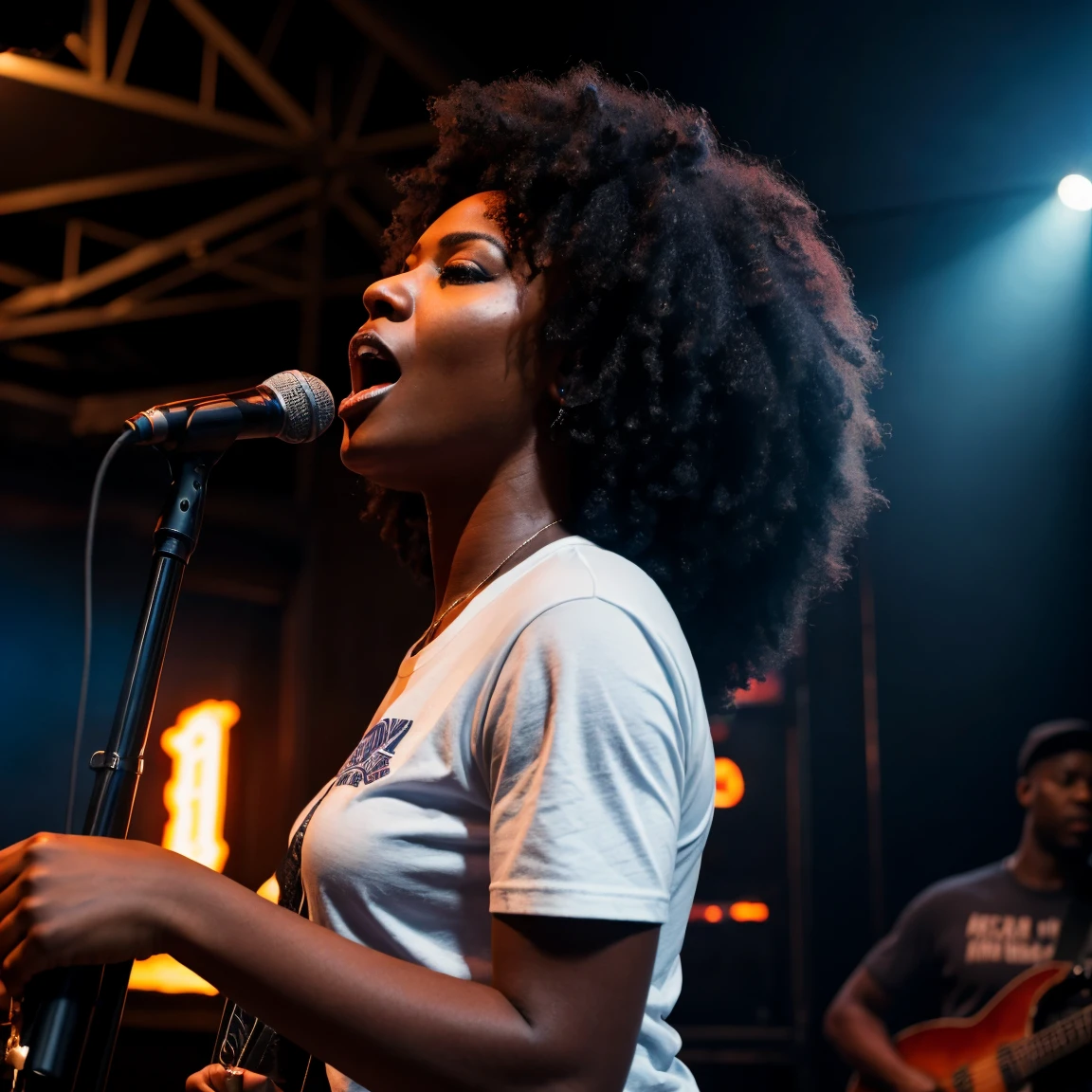 a very hot black female blues singer, singing on stage in a pub, wearing a t-shirt, holding a microphone, band playing in the background, masterpiece, 8k, highly detailed, photorealistic, dramatic lighting, cinematic composition, rich colors, moody atmosphere, blues music, smoke, crowd cheering