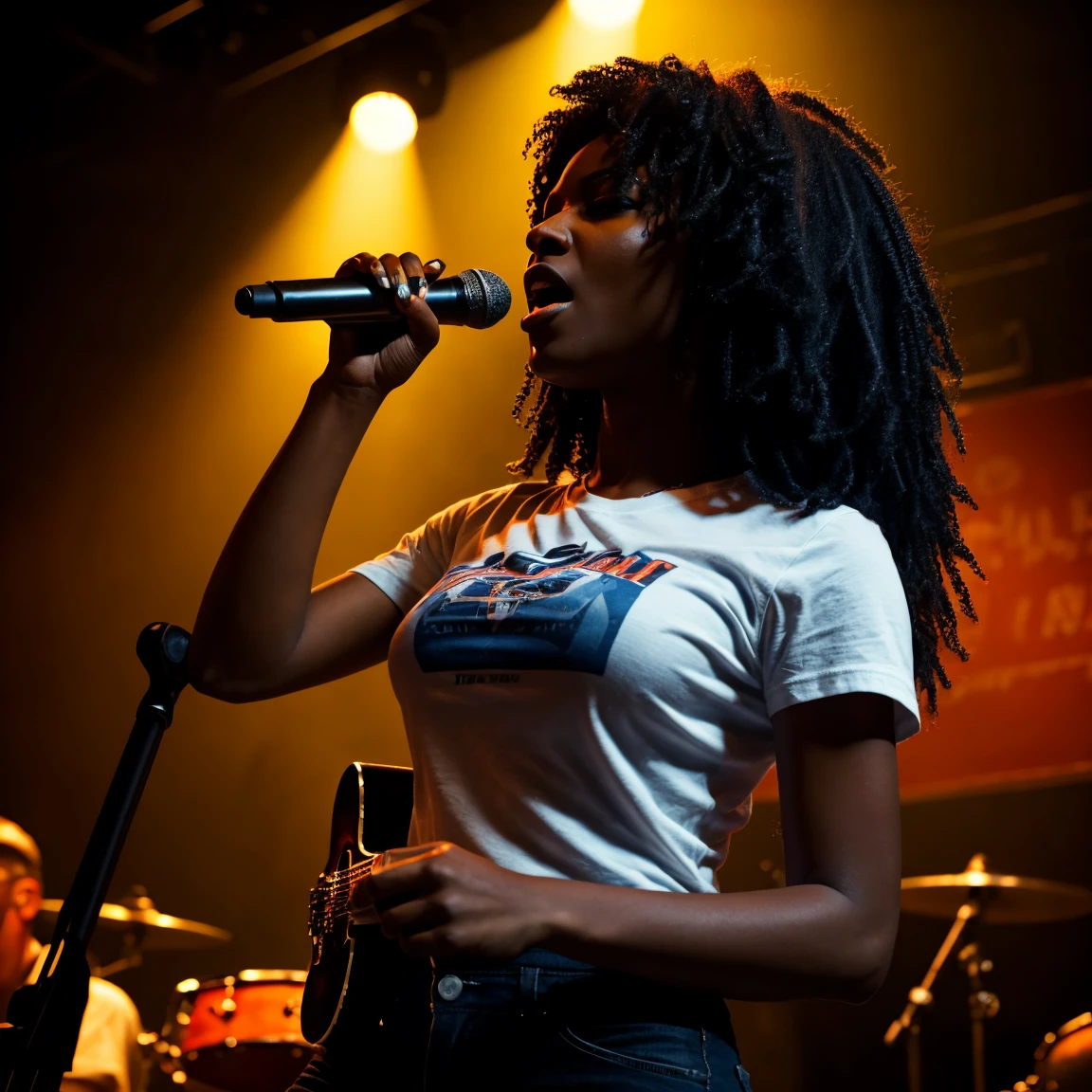 a very hot black female blues singer, singing on stage in a pub, wearing a t-shirt, holding a microphone, band playing in the background, masterpiece, 8k, highly detailed, photorealistic, dramatic lighting, cinematic composition, rich colors, moody atmosphere, blues music, smoke, crowd cheering