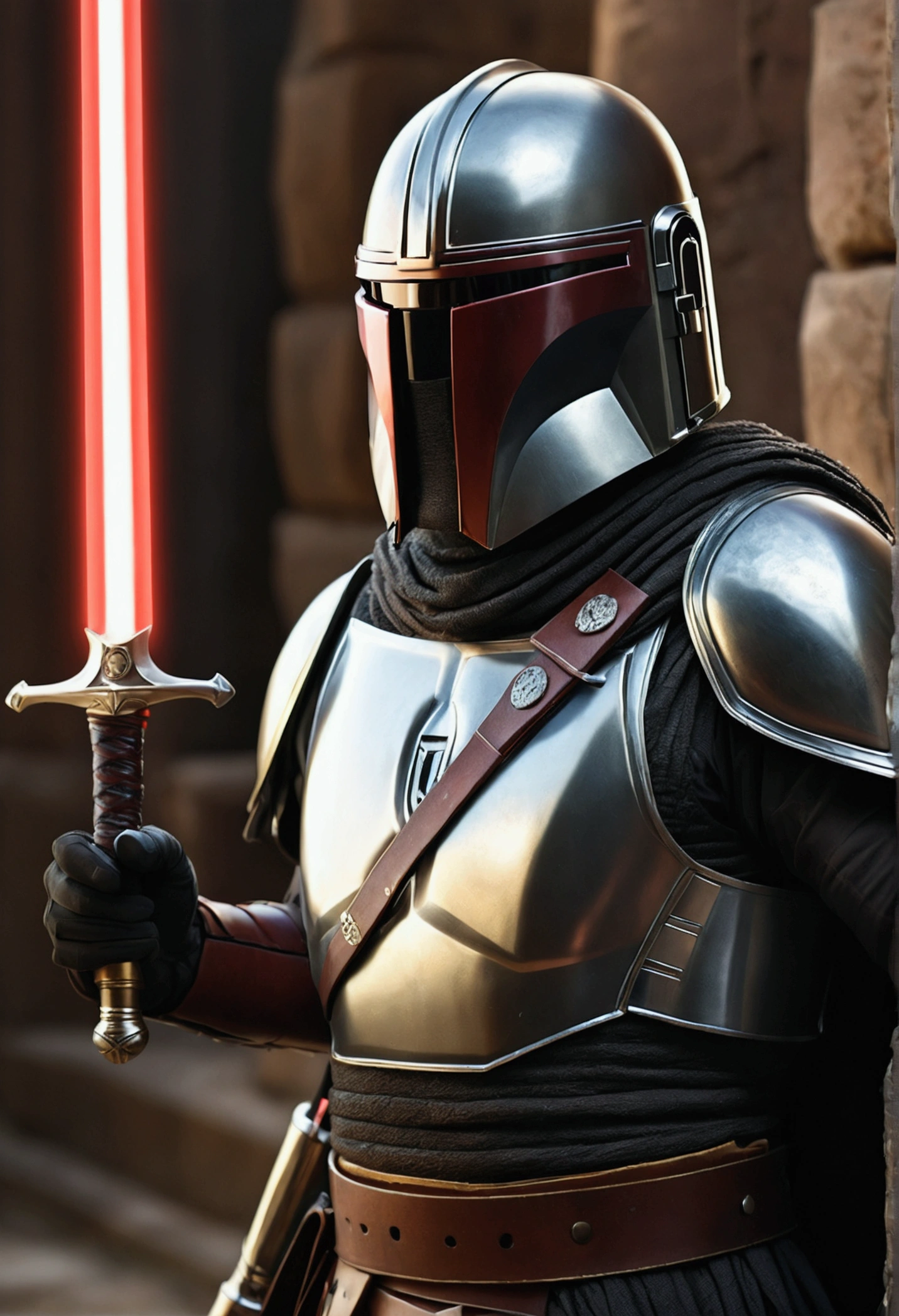 (Better Quality,4K,8K,High range,Master Parts:1.2),Ultra-detailed,(Realistic,Realistic,Photorealistic:1.37),Medieval,Mandalorian Armor,Shining Armor,It is two swords,Glowing Sword,Warrior,Beautifully detailed face,Sharp face,表情豊かなeye,A look of determination,eye,Heroic Posture,Dramatic lighting,Venture Fund,Fantastic landscape,A bad mood,Vibrant colors,Medievalインスピレーション,metal texture,Epic Battles,歴史的なWarrior,Traditional Combat,Brave Knight,value,triumphant moment,Fascinating perspective,Ancient Relics,Stoic presence,ancient ruins,Mysterious Aura,Powerful aura,fencing,Warrior habilidoso,Armor engraving,Intense Combat,Majestic Pose,Glamorous details,eye的,Authentic costume,An impressive sight,伝説のWarrior,honra e value,Glossy sheen,An atmosphere of foreboding,A timeless hero,Uncompromising spirit, Medieval鎧, European Knight Capacitor; Carrying Kylo Ren's two lightsabers, Two-Way;