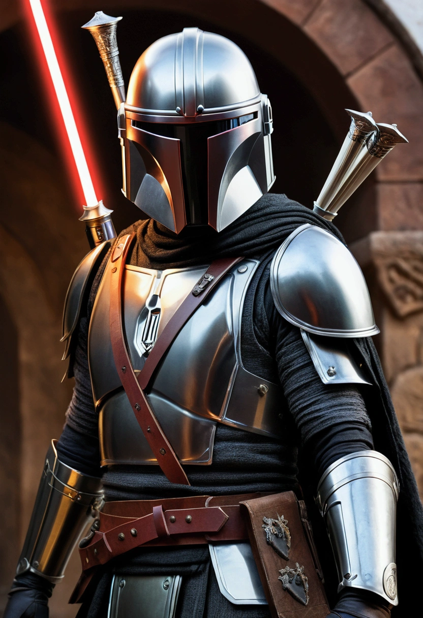 (Better Quality,4K,8K,High range,Master Parts:1.2),Ultra-detailed,(Realistic,Realistic,Photorealistic:1.37),Medieval,Mandalorian Armor,Shining Armor,It is two swords,Glowing Sword,Warrior,Beautifully detailed face,Sharp face,表情豊かなeye,A look of determination,eye,Heroic Posture,Dramatic lighting,Venture Fund,Fantastic landscape,A bad mood,Vibrant colors,Medievalインスピレーション,metal texture,Epic Battles,歴史的なWarrior,Traditional Combat,Brave Knight,value,triumphant moment,Fascinating perspective,Ancient Relics,Stoic presence,ancient ruins,Mysterious Aura,Powerful aura,fencing,Warrior habilidoso,Armor engraving,Intense Combat,Majestic Pose,Glamorous details,eye的,Authentic costume,An impressive sight,伝説のWarrior,honra e value,Glossy sheen,An atmosphere of foreboding,A timeless hero,Uncompromising spirit, Medieval鎧, European Knight Capacitor; Carrying Kylo Ren&#39;s two lightsabers, Two-Way;