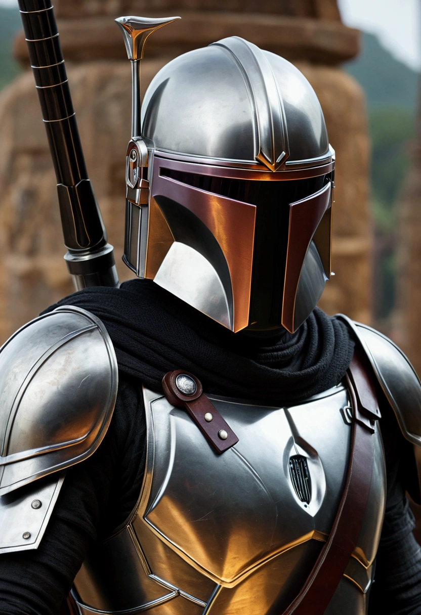 (Better Quality,4K,8K,High range,Master Parts:1.2),Ultra-detailed,(Realistic,Realistic,Photorealistic:1.37),Medieval,Mandalorian Armor,Shining Armor,It is two swords,Glowing Sword,Warrior,Beautifully detailed face,Sharp face,表情豊かなeye,A look of determination,eye,Heroic Posture,Dramatic lighting,Venture Fund,Fantastic landscape,A bad mood,Vibrant colors,Medievalインスピレーション,metal texture,Epic Battles,歴史的なWarrior,Traditional Combat,Brave Knight,value,triumphant moment,Fascinating perspective,Ancient Relics,Stoic presence,ancient ruins,Mysterious Aura,Powerful aura,fencing,Warrior habilidoso,Armor engraving,Intense Combat,Majestic Pose,Glamorous details,eye的,Authentic costume,An impressive sight,伝説のWarrior,honra e value,Glossy sheen,An atmosphere of foreboding,A timeless hero,Uncompromising spirit, Medieval鎧, European Knight Capacitor; Carrying Kylo Ren's two lightsabers, Two-Way;