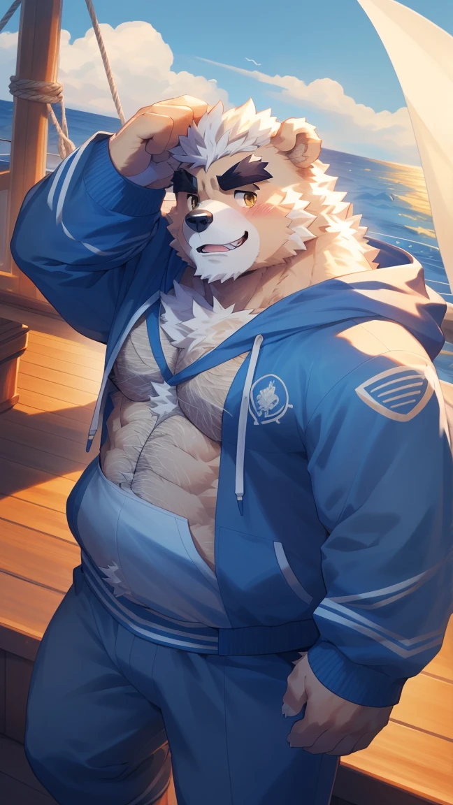 (Vision:1.5), solitary, anthropology, hairy, hairy male, Bear, ((Fluffy fur, Fluffy, hairy body)), (bear print), (Thick eyebrows), youth, muscular, White big pectoral muscles, White fur, Golden pupils, Detailed teeth, defaced face, fundos, sailor, Blue plaid hoodie, sailor帽, On deck, Sailing, sideways, Shy expression, A faint smile, blush, (Dynamic poses:1.5), Clear facial features, Strong, majestic, alone, panoramic, Fog atmosphere, early morning, Tyndall Light Effect, On deck, early morning的阳光, (By Empty Ghost, From bear20, masterpiece, high quality, high resolution,8K)