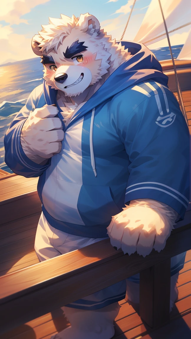 (Vision:1.5), solitary, anthropology, hairy, hairy male, Bear, ((Fluffy fur, Fluffy, hairy body)), (bear print), (Thick eyebrows), youth, muscular, White big pectoral muscles, White fur, Golden pupils, Detailed teeth, defaced face, fundos, sailor, Blue plaid hoodie, sailor帽, On deck, Sailing, sideways, Shy expression, A faint smile, blush, (Dynamic poses:1.5), Clear facial features, Strong, majestic, alone, panoramic, Fog atmosphere, early morning, Tyndall Light Effect, On deck, early morning的阳光, (By Empty Ghost, From bear20, masterpiece, high quality, high resolution,8K)