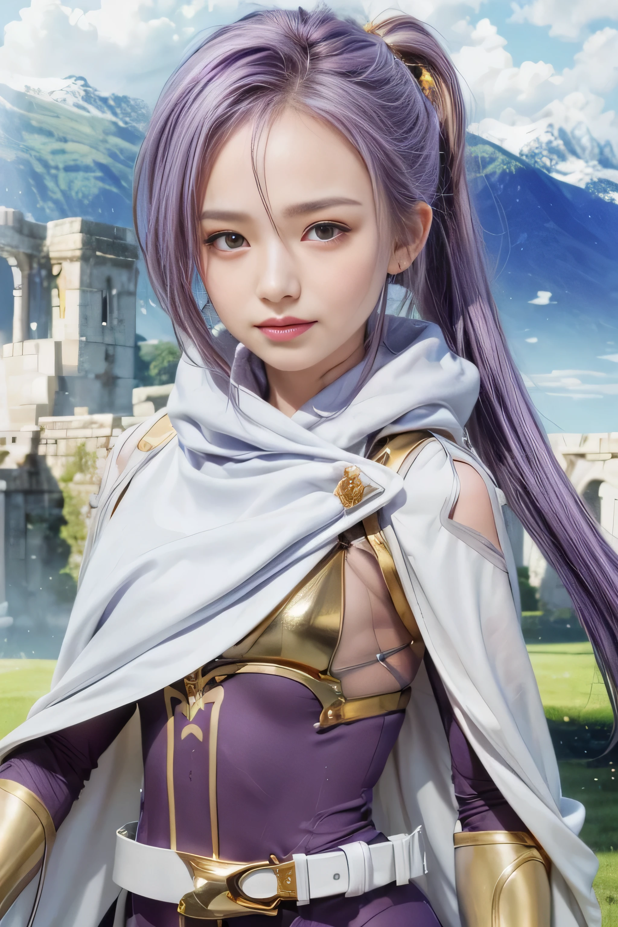 masterpiece, best quality, (realistic,photo-realistic:1.4), (RAW photo:1.2), extremely detailed CG unity 8k wallpaper, delicate and beautiful, amazing,finely detail, official art, absurdres, incredibly absurdres, huge filesize, ultra-detailed,extremely detailed eyes and face,light on face,little smile,sinon,(purple hair:1.4),short hair,(wearing gold bodysuit:1.4),(wearing white robe:1.3),(ponytail:1.3),garden background,(hair between eyes:1.4)