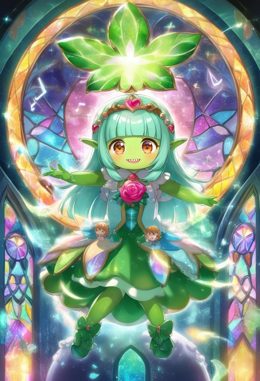 (deep green skin:1.5), (goblin girl),(loli:1.9), kawaii, (baby face:1.1), (little female child:1.8),(loli toddler:1.8),(mini girl:1.7), (4 years old:1.1),small breasts,(evil smile:1.1),super smile,ultra cute face,shiny skin,open mouth,(deep green skin all over the body:1.7),
BREAK
(light green hair:1.2), (blunt bangs:1.3), (hime cut:1.4),(brown eyes:1.6), (long hair:1.3), long straight hair,(sharp teeth),highlight on eyes,
BREAK
elf ear,Tribal Jewelry,Scrunchie, Bead Necklace,(Feather Earrings:0.8),wearing boots on feet, wearing lightgreen magical Girl Costumes,(magical effect:1.2), magic circle,colorful background,light particles,light sparkles,crystal light,powder light,dynamicpose,outstretched legs,
BREAK
(multi-layered flower shaped stained glass), (rose shaped stained glass),(music note effect fused with stained glass),(heart shaped Church windows),nature theme,(Giant stained glass leaf),(Multiple stained glass musical note),Atrium structure,ceiling,tiffany,dust particles,anime,stain glass inspired by leaf mark,nature background