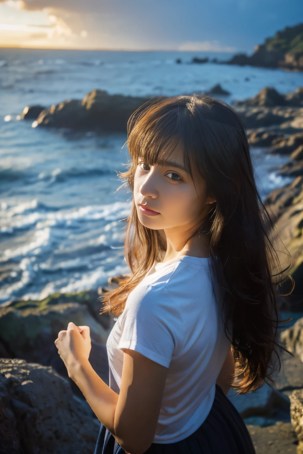 ((Top quality)),((masterpiece)),((very beautiful)), unique light and shadow, A girl, Messy hair, Realistic skin texture, Strong wind, rain, Rocky Shore, stormy sea, Female pose