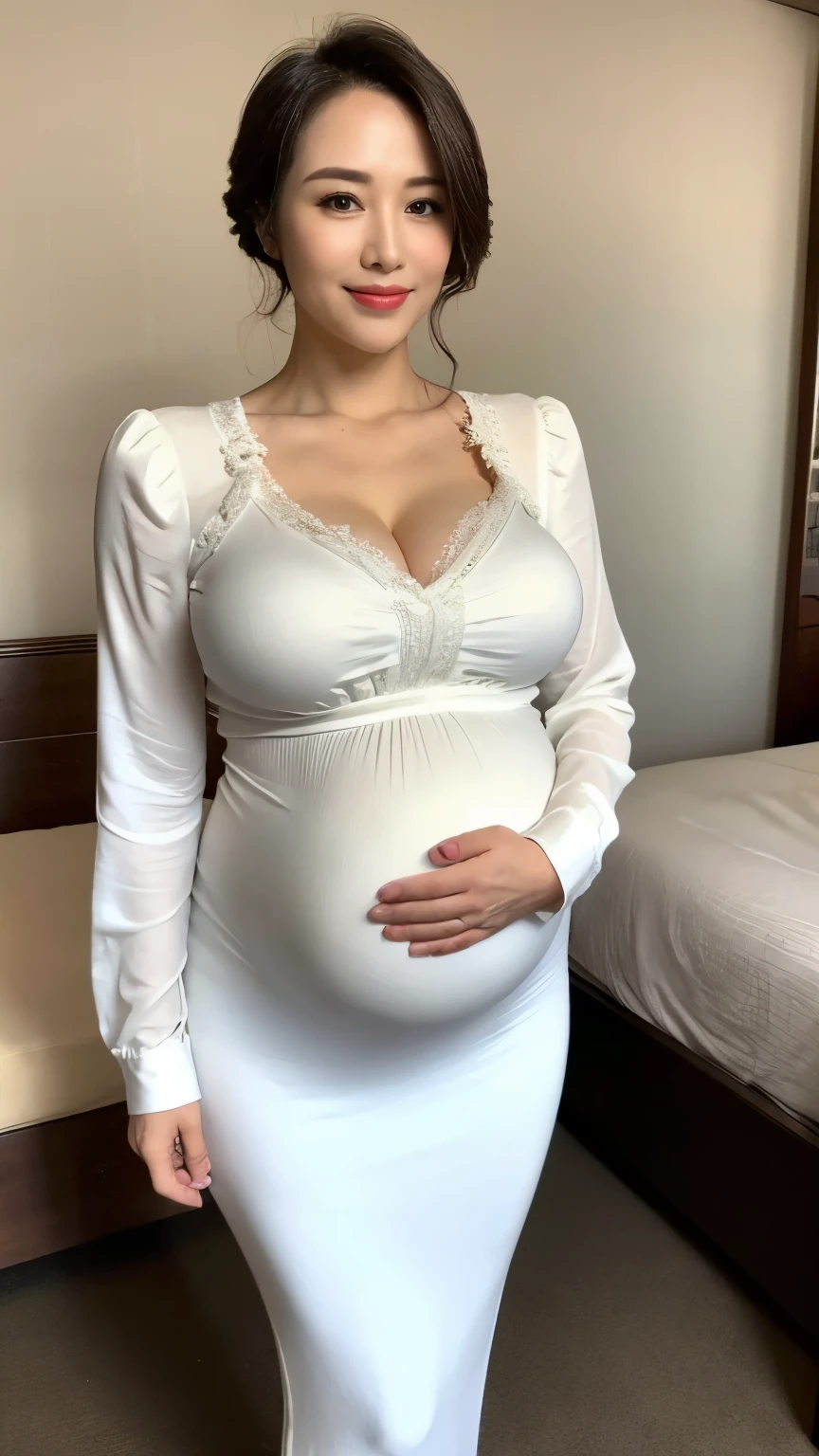 最high quality, 8K, lively, sharp focus, high quality, High resolution, middle-aged women, mature woman, 49 years old, (Full body Esbian), (Detailed face wearing high heels, highly detailed eyes, thick lips, plump body shape、plump face、((huge pregnant))、((big breasts 2.3))、((white blouse))、love hotel room、random hairstyle、gentle smile、