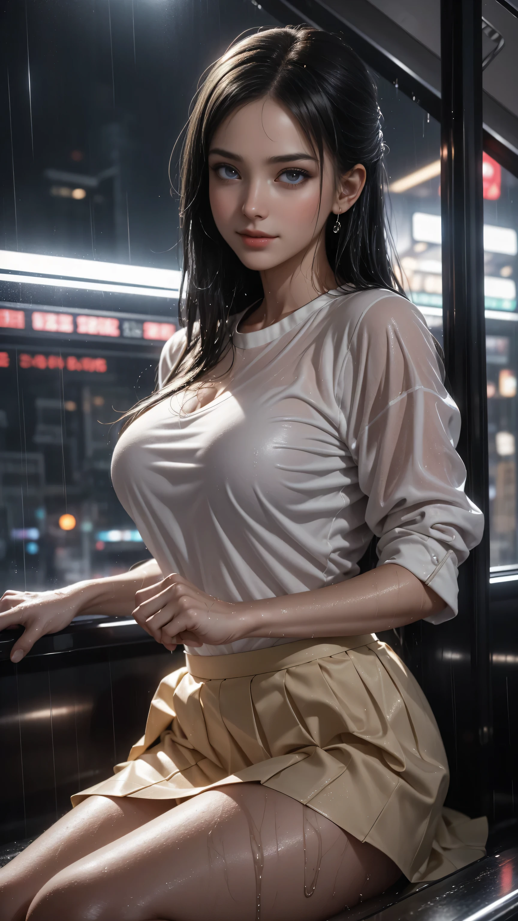 ((A girl running through the streets of New York))、(RAW shooting, Photorealistic:1.5, 8K, Highest quality, masterpiece, Ultra-high resolution), Perfect dynamic composition:1.2, Night Street Corner, Looking up at the sky:1.3, (((Heavy rain from a typhoon))), Highly detailed skin and face textures:1.2,( 雨にwetスリムな女性:1.3), Sexy beauty, Perfect Style:1.2, Aesthetic and beautiful, Fair skin, Very beautiful face, (Rain dripping all over my body:1. 2, wet髪:1.4, wet:1.2), Water droplets on the skin, (Medium sized breasts, Chest gap), (Shy laugh, The expression when feeling intense caressing, Facial expression when feeling pleasure), (Beautiful blue eyes, Beautiful erotic eyes:0.8), (Too erotic:0.9, Alluring:0.9),((wet白いブラウス))、((wetタイトスカート)) Second bag, Perfect body, Perfect fingertips(Girl sitting on train seat)、Best quality work,Actual work,Ultra Premium Graphics,8K HD CG works,High quality graphics,High-definition CG works,10x pixels,Extremely fine detail:1.1,Advanced Technical Details:1.1 Photorealistic,Indoor lighting effects:1.5,Natural light:1.5. Light effects(virtual Light effects:1.8),(Golden white short hai(RAW shooting, Photorealistic:1.5, 8K, Best lift up skirt