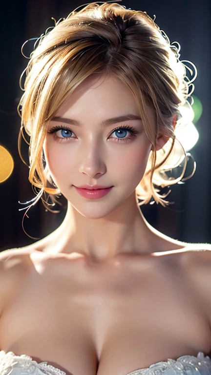 bride、Wedding Style、Wedding Styleの写真、Luxury dresses、church、Light clothing、Formal Wear、night景、illumination、blue eyes、blonde、short hair、Hair tied up、Full body photo、Sexy Face、short hair、 Complete look、(((masterpiece)))、((Highest quality))、((超Realistic))、成熟したwoman、成熟したwoman、perspective、Very detailed、The perfect temptation、Best image quality、Fine-grained image quality、beautiful、Europe, woman, French, woman Italian, Italian, smile、blue eyes、jewelry, blue eyes, Realistic, High resolution, Glowing Skin, (Detailed face),jewelry, , night, blonde, Wavy Hair,Attractive appearance, smile,Large Breasts、Cleavage