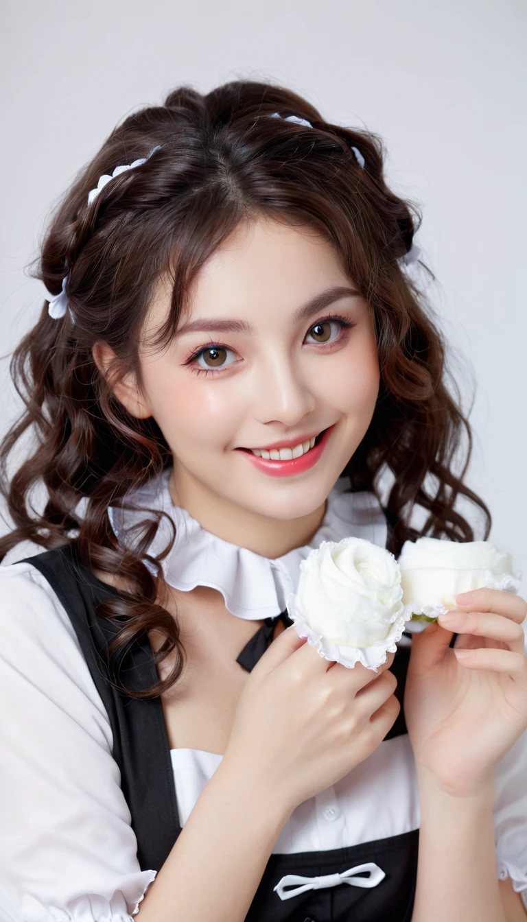 ((Beautiful maid:1.5),high resolution, Top quality),Dressed as a maid,Soft hands, Big bright eyes, Dark and Vibrant Curls, sweet smile, Red face, Soft Light, Pure white background.  