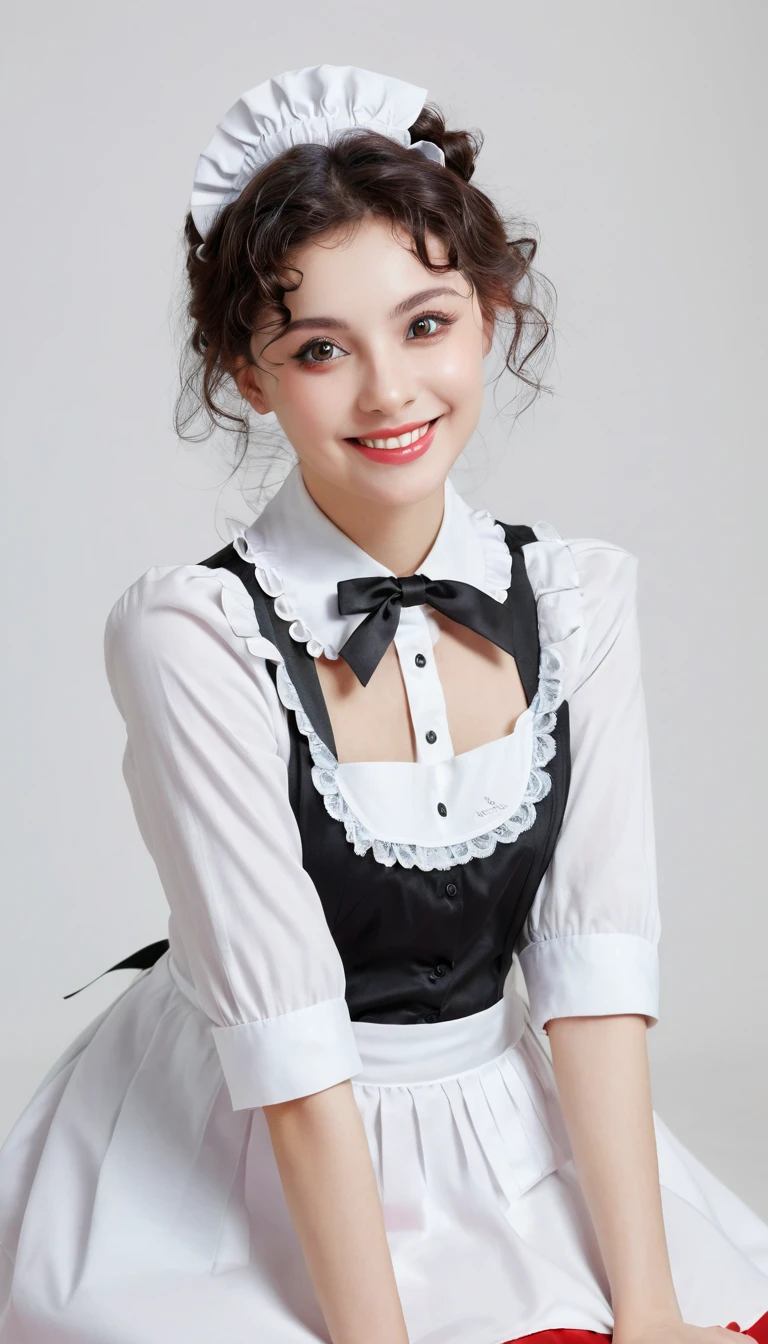 ((Beautiful maid:1.5),high resolution, Top quality),Dressed as a maid,Soft hands, Big bright eyes, Dark and Vibrant Curls, sweet smile, Red face, Soft Light, Pure white background.  