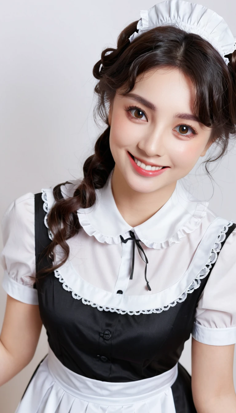 ((Beautiful maid:1.5),high resolution, Top quality),Dressed as a maid,Soft hands, Big bright eyes, Dark and Vibrant Curls, sweet smile, Red face, Soft Light, Pure white background.