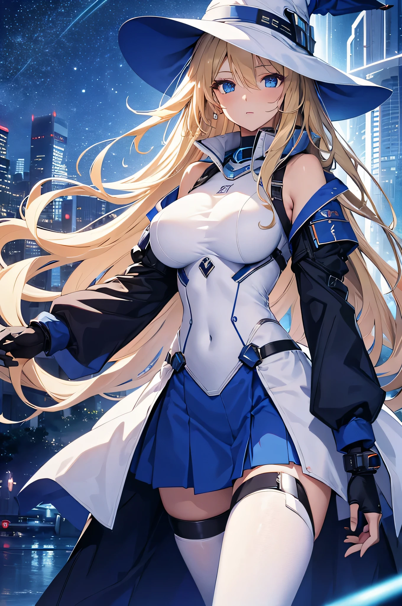 4K,High resolution,One Woman,Blonde,long hair,Blue Eyes,Big Breasts,cyber witch,White tight cyber suit,Sleeveless,Blue Skirt,Blue hat,Magic wand,City of the Future,Night Sky