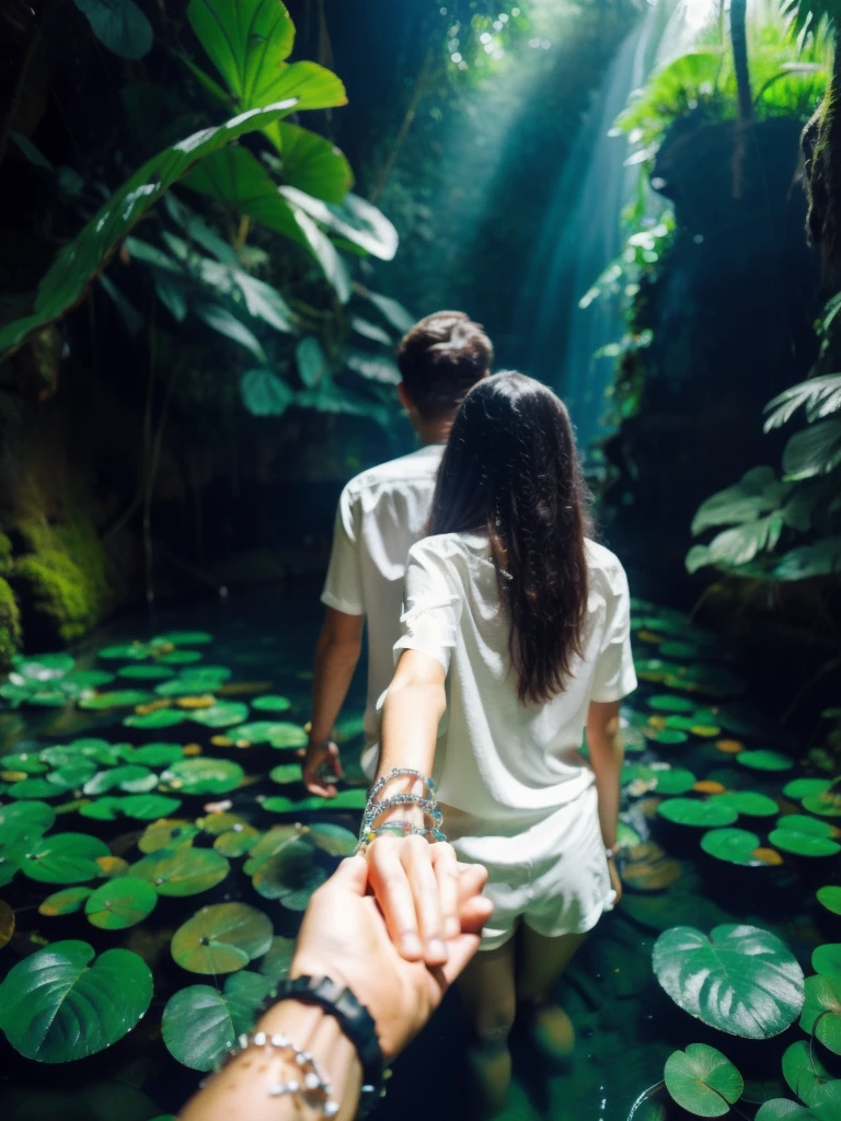 bf_holding_hands, walking into waterfall in dense jungle, rainbow, half submerged,
detailed,8k, detailed shadow, 1 botomless girl, long hair, black hair, white transparent shirt, jewelry ,(masterpiece,best quality),