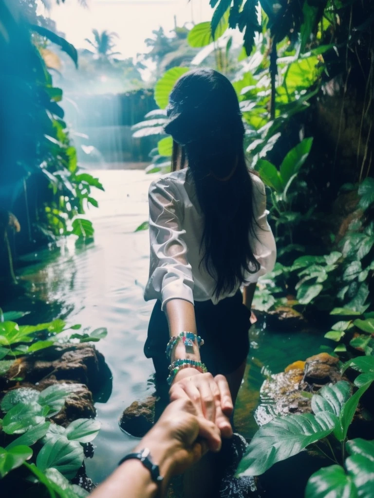 bf_holding_hands, walking into waterfall in dense jungle, rainbow, half submerged,
detailed,8k, detailed shadow, 1 botomless girl, long hair, black hair, white transparent shirt, jewelry ,(masterpiece,best quality),