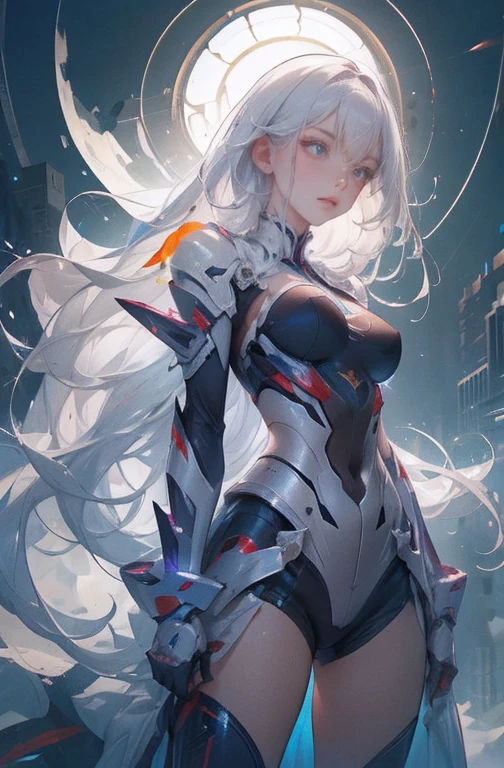 ((Kizi, mecha)), glare eyes, 精致的面容, damaged armor, mechanical aura, mechanical arm, White hair, long hair, ceramic body, Thigh clearance, breasts big, Network Background, Very cool city, (translucent, Reflective skin), 8K, best qualityer, super verbose, (Surrealism: 1.4),  