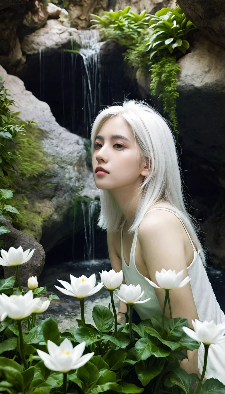 1 Girl, Solitary, White_hair, Tattoo, grotto, verdant, Flowers, beautiful, Idyllic, sublimation, absurd, Surrealism, Texture, Maximum_detail, Digital SLR Camera 