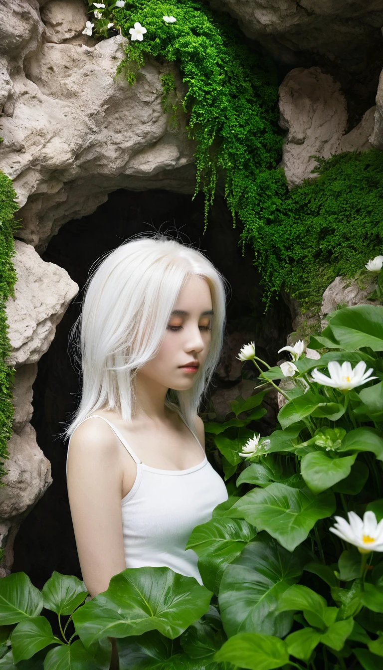 1 Girl, Solitary, White_hair, Tattoo, grotto, verdant, Flowers, beautiful, Idyllic, sublimation, absurd, Surrealism, Texture, Maximum_detail, Digital SLR Camera